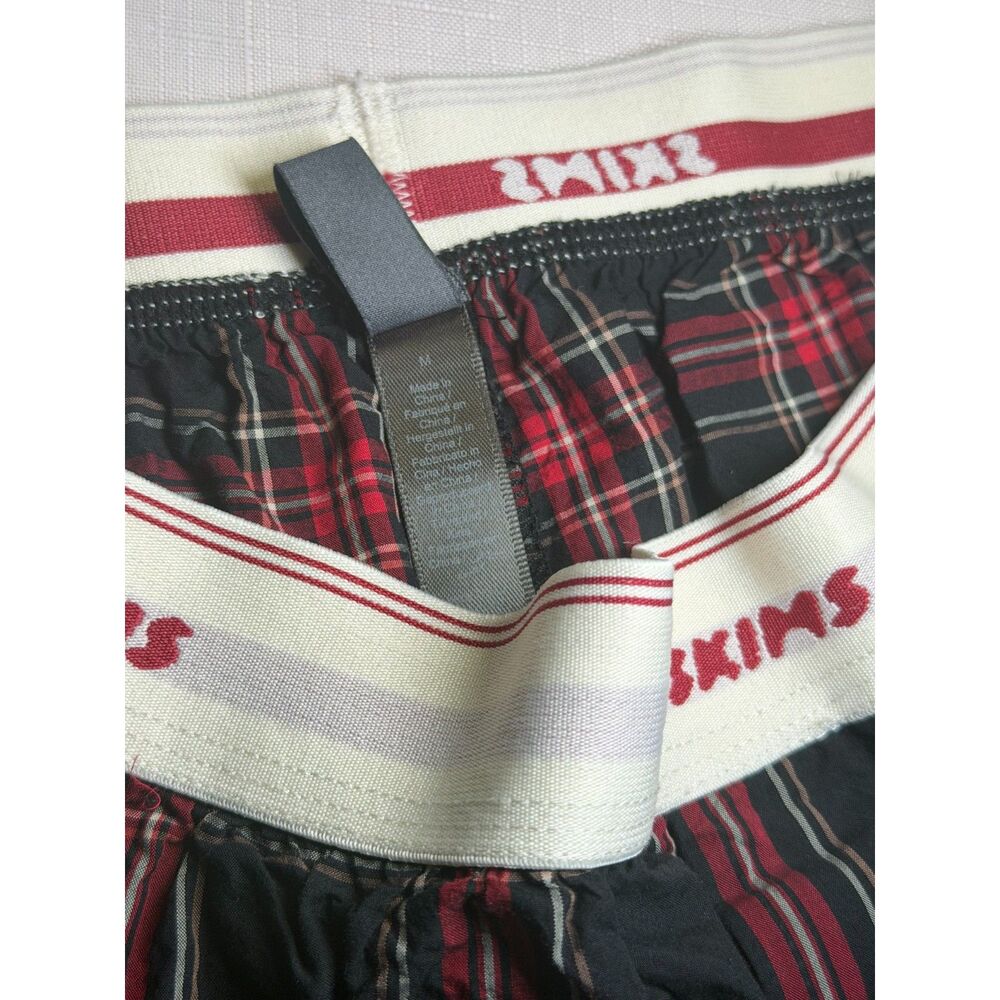 SKIMS Cotton Plaid Boxer Shorts Black Red Tartan Poplin Logo Waistband Size M - Picture 2 of 4